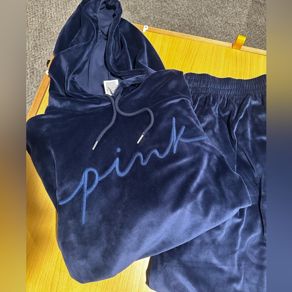 PINK Victoria's Secret Deep Blue Velour Hoodie and Pants Set